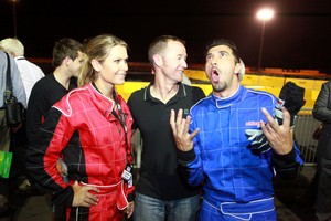 Brooke Howard-Smith expresses his frustration at Lana Coc-Kroft beating his time trial time on the Toshiba Track at Top Gear Live.